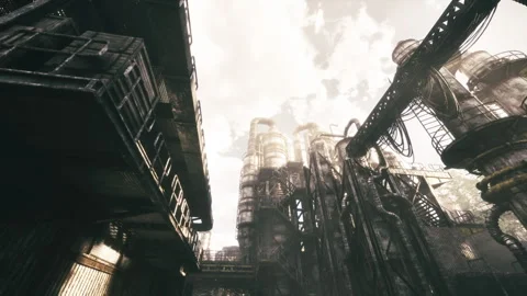 Bright sunlight streams over industrial frameworks casting patterns Stock Footage 331524974