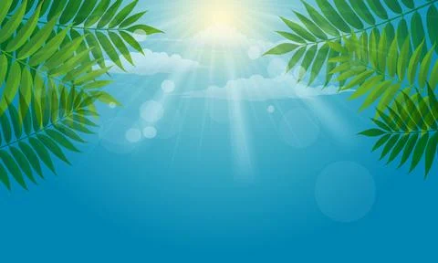 Bright sunny sky with sun rays, clouds, and tropical green leaves framing Stock Illustration