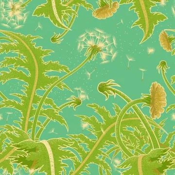 Bright sunny vector seamless pattern of a field of dandelion Stock Illustration