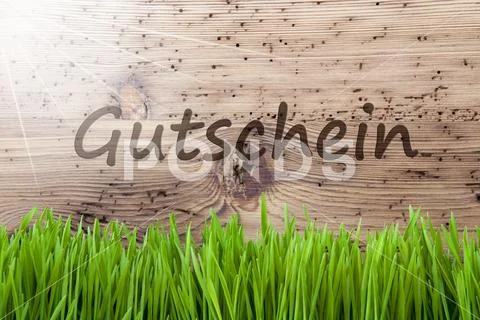 Bright Sunny Wooden Background, Gras, Gutschein Mean Voucher Stock Photos