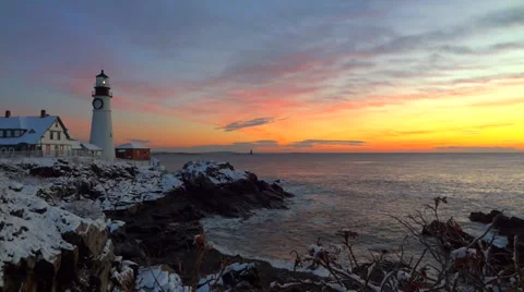 Bright Sunrise Lighthouse Snow Stock Footage 33276398