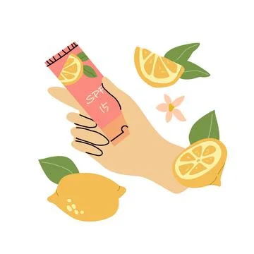 Bright sunscreen packaging with lemon design. Vector illustration of SPF Illustrazione stock