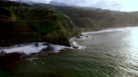 Bright Sunset Aerial Drone Dynamic Tapahi Viewpoint, Tahiti Coast &amp; Waves 10Bit Stock Footage 171624040