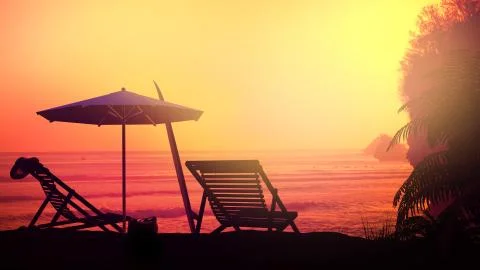 Bright sunset on an empty tropical beach. Stock Illustration