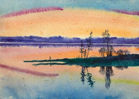 Bright sunset on the lake Stock Illustration
