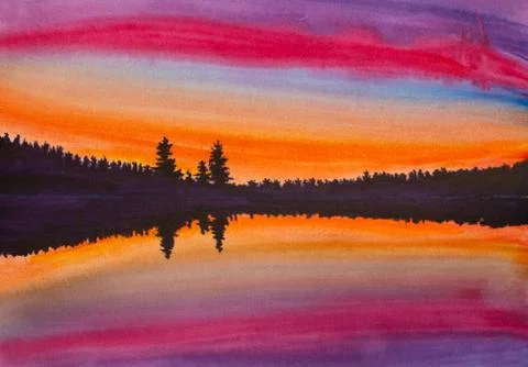 Bright sunset over the lake Stock Illustration