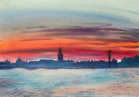 Bright sunset over the Neva Stock Illustration
