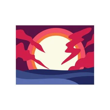 Bright sunset over wavy ocean with red clouds Stock Illustration