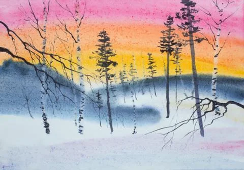 Bright sunset over the winter forest Stock Illustration