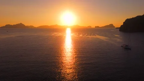 Bright Sunset Reflection Over Coron Bay Stock Footage 346190691