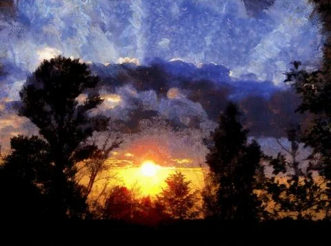 Bright sunset with silhouettes of trees Stock Photos