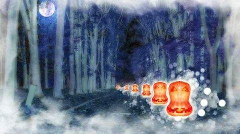 Bright supermoon in night dramatic clouds with horror flaming face of hallowe Stock Illustration