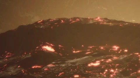 Bright surface of an alien planet showing flowing lava and rocky terrain Stock Footage 339497516