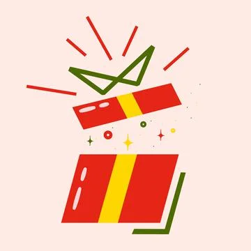 Bright surprise gift in flat style. Colorful open red gift box on a light bac Stock Illustration