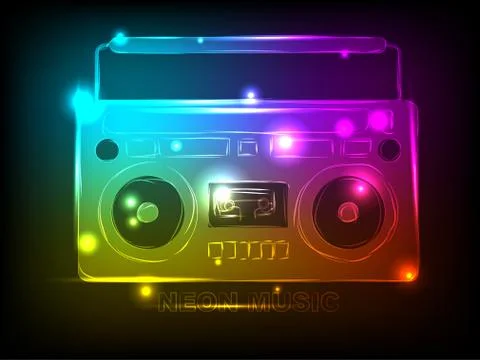 Bright tape recorder with elements of colorful neon for your design. Vector 스톡 일러스트