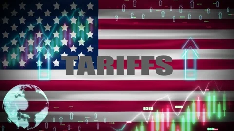 Bright tariffs increase animation with digital elements on waving usa natio.. Stock Footage 315786633