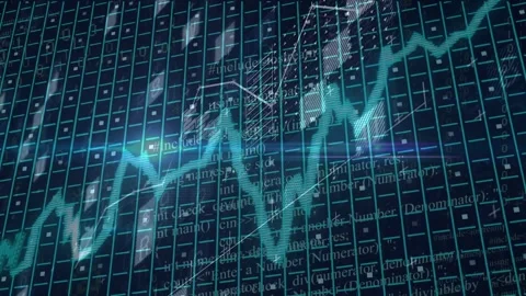 Bright teal line appearing on dark 3D grid, waving, dipping then rising, showing Stock Footage 335465408