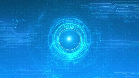 Bright tech portal interface visual cyan lens rings, floating data blocks, circu Stock Footage 340556019