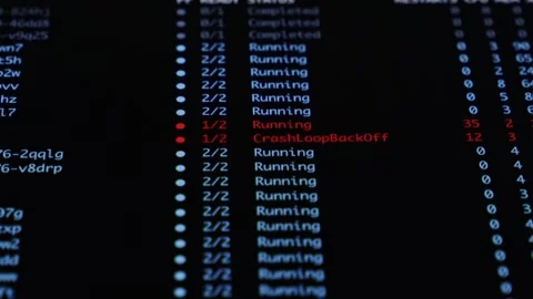 Bright text on a dark screen shows 'Running' processes and a 'CrashLoopBack.. Video stock 311932073