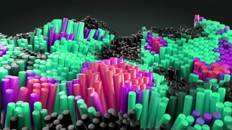 Bright three dimensional cylinder shader wave green violet pink random structure Stock Footage 169409242