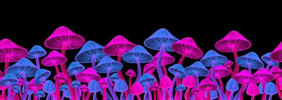 Bright toadstool neon seamless border Illustrazione stock
