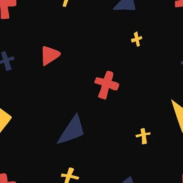 Bright triangles, Plus signs and Crosses psychedelic seamless hand drawn patt Stock Illustration