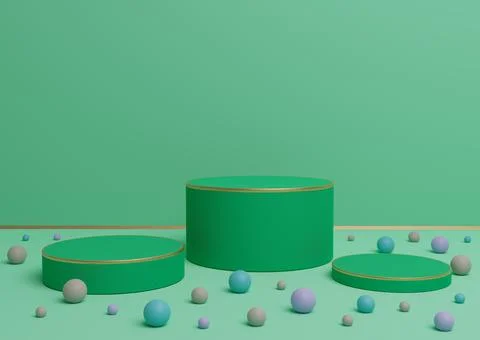 Bright turquoise green 3D rendering of three podium stands product display wi Stock Illustration