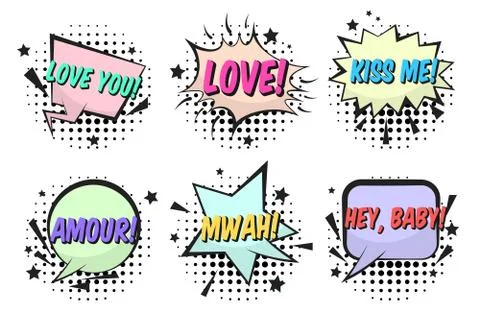 Bright Valentines retro comic speech bubbles set Stock Illustration