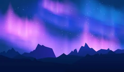 Bright vector background of northern lights over the mountains. Stock Illustration