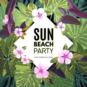 Bright vector floral banner template for summer beach party. Tropical flyer with 库存插图