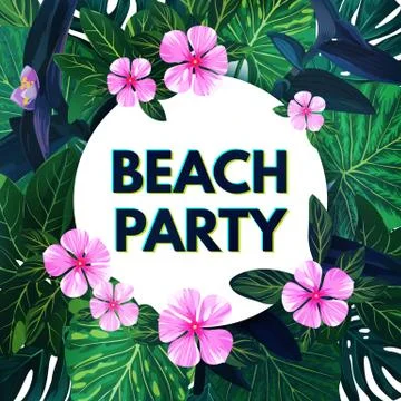 Bright vector floral banner template for summer beach party. Tropical flyer with Stock Illustration