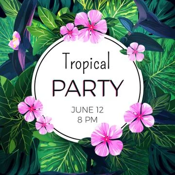 Bright vector floral banner template for summer beach party. Tropical flyer with 库存插图