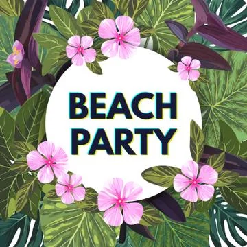 Bright vector floral banner template for summer beach party. Tropical flyer with Stock Illustration