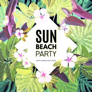 Bright vector floral banner template for summer beach party. Tropical flyer with Stock Illustration