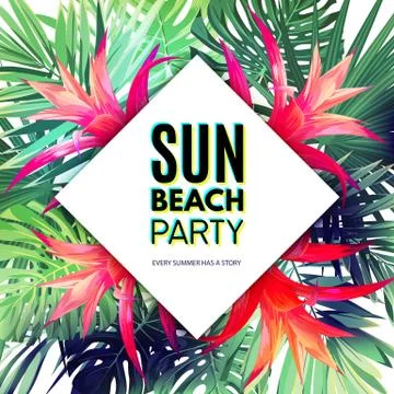 Bright vector floral design template for summer party. Tropical flyer with green 库存插图