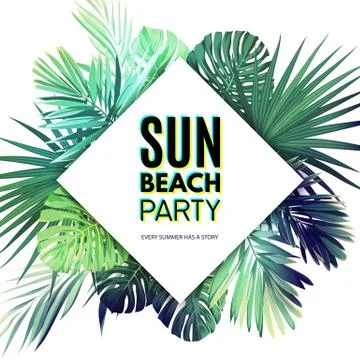 Bright vector floral poster template for summer beach party. Tropical flyer with 库存插图