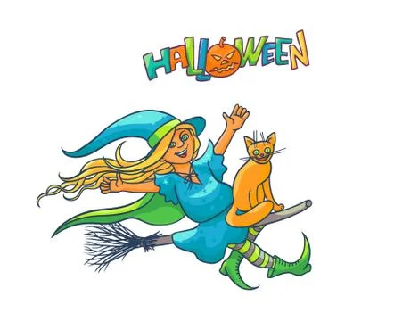 Bright vector girl witch on broom with cat. Illustration cheerful, humorous Stock Illustration