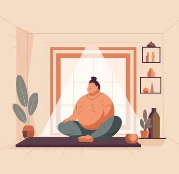 Bright vector illustration of a fat man in a meditating lotus position, pra.. Stock Illustration