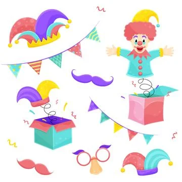 Bright vector illustration set of april fools day, a surprise box, clown, p.. Stock Illustration