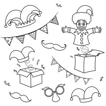 Bright vector illustration set of april fools day, a surprise box, clown, p.. 스톡 일러스트
