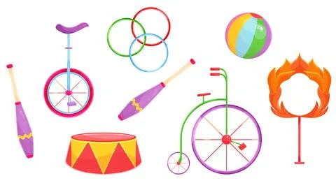 Bright vector illustration set of circus equipment, accessories for circus,.. Stock Illustration