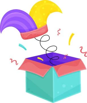 Bright vector illustration of a surprise box, april fools day, clown hat Stock Illustration