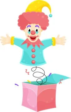 Bright vector illustration of a surprise box, april fools day, clown on a s.. Stock Illustration