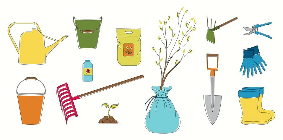 Bright vector line art set of tools for gardening agriculture. Spring planting Stock Illustration