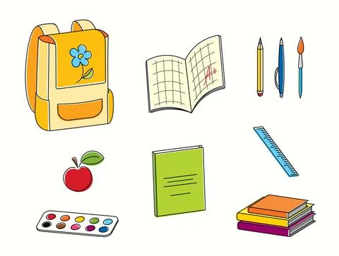 Bright vector line art set of school supplies for school children education Stock Illustration