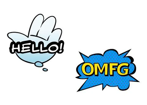 Bright vector OMFG and Hello speech bubbles. Colorful emotional icons  Illustrazione stock