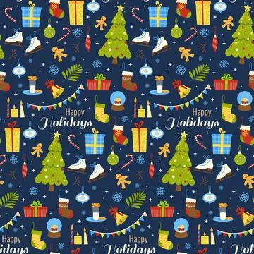 Bright vector seamless pattern for Christmas and Happy new year. Present, c.. Stock Illustration