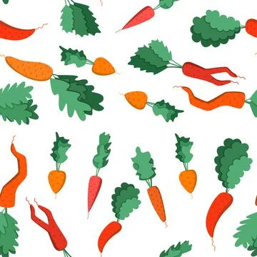 Bright vector seamless pattern of colorful carrots with tops. Stock Illustration