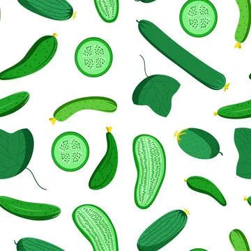 Bright vector seamless pattern of colorful fresh cucumbers. Stock Illustration