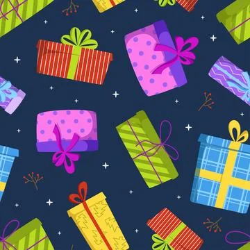 Bright vector seamless pattern with colorful gift boxes for Christmas and H.. Stock Illustration